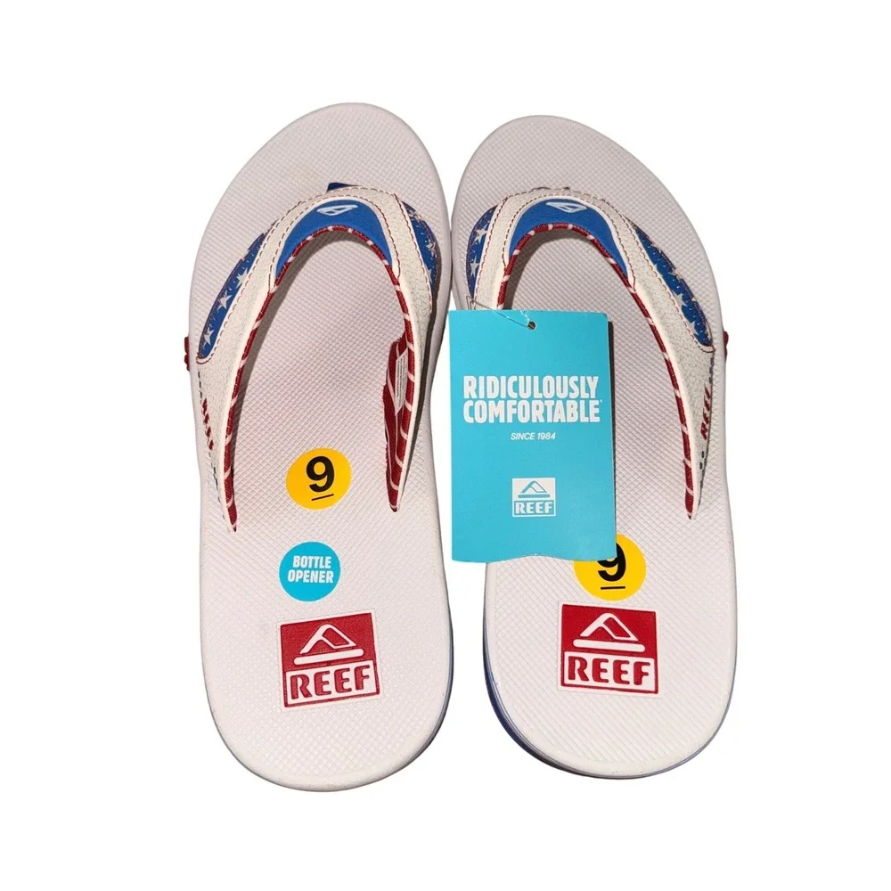 NEW Reef Fanning Tailgate Mens 9 Flip Flops White Red Blue Stars Stripes CJ6407